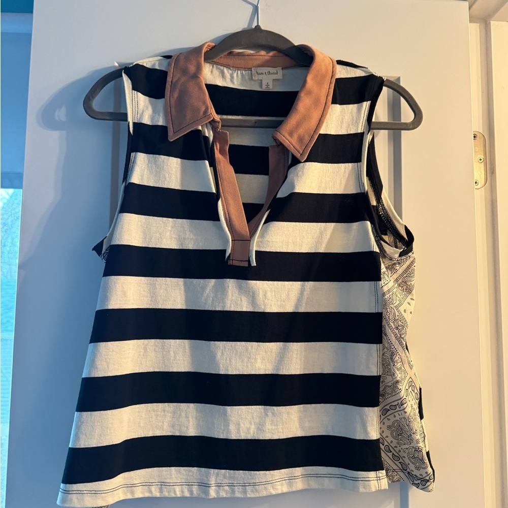 Black and Cream Striped Sleeveless Collared Shirt-Size Small
